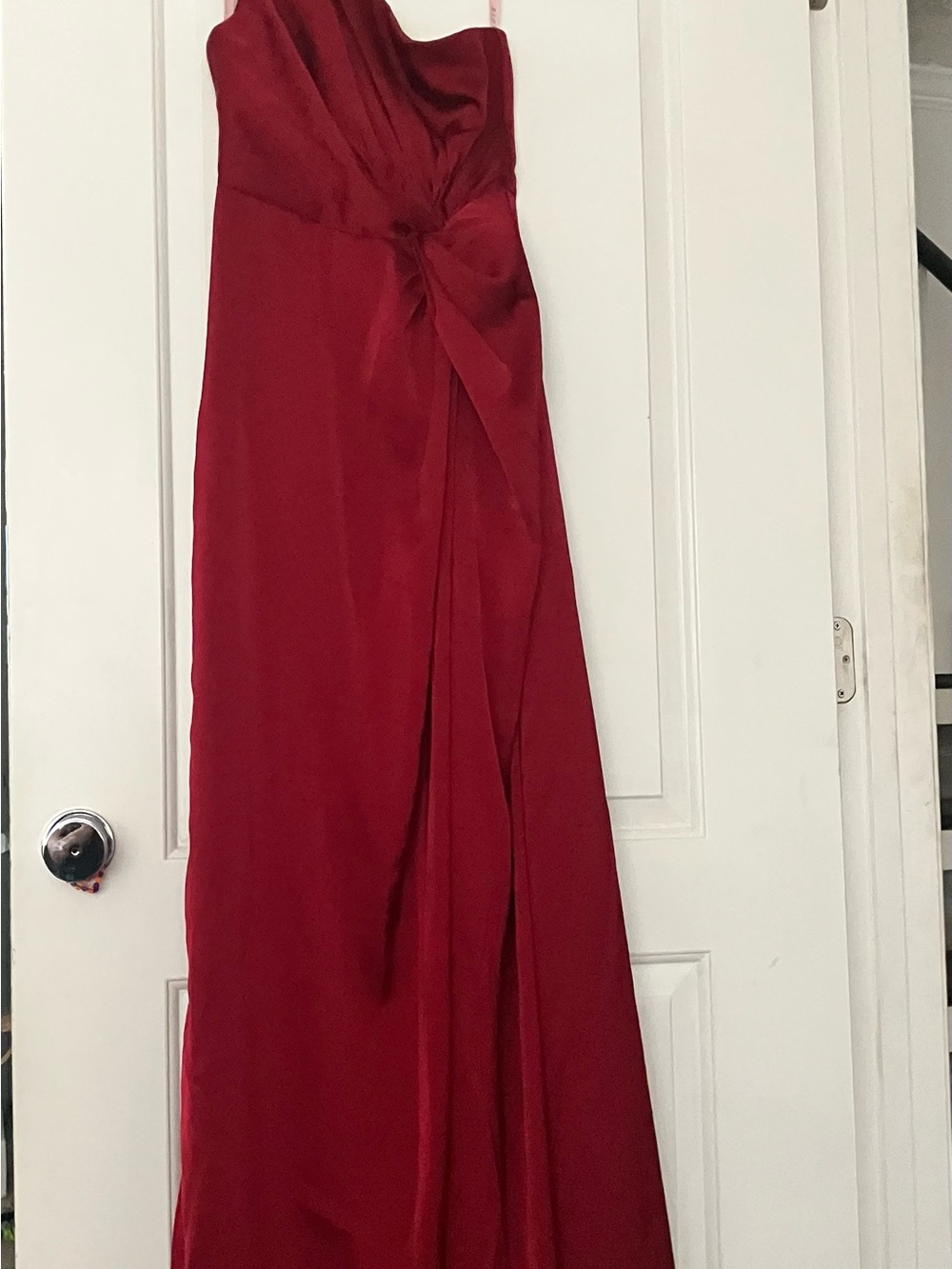 Azazie Strapless Red Maxi Gown with Side Knot